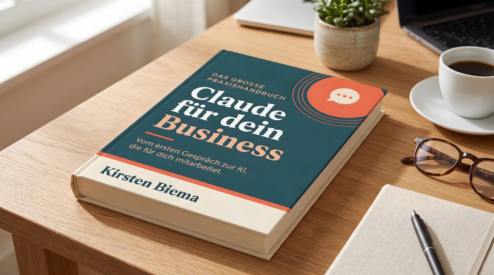 Das Buch „Claude für dein Business“ auf einem Schreibtisch